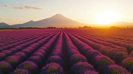 Captivating view of vast lavender fields bathed in golden sunlight with a majestic mountain backdrop. A perfect scene of natural beauty and tranquility.の素材