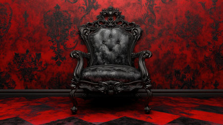 This image features a luxurious black armchair set against a vibrant red wall and checkerboard floor, showcasing an elegant and dramatic interior design style.の素材