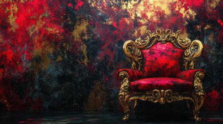 This striking image features a luxurious red chair with a detailed golden frame, set against a dramatic red and gold wall, exuding elegance and sophistication.の素材