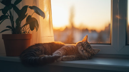 A serene scene featuring a domestic cat lounging on a sunlit windowsill during sunset, showcasing the warm glow and relaxed atmosphere of home life.の素材