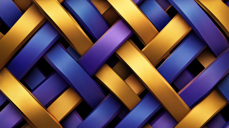 This vibrant and colorful image showcases an intricate weaving of purple, yellow, and blue strips, creating a visually striking abstract pattern perfect for backgrounds or designs.の素材