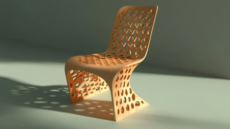 Discover a stunning modern wooden chair, featuring a unique cutout design, beautifully highlighting light and shadow in a minimalist interior setting.の素材