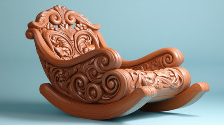 A beautifully crafted wooden rocking chair featuring intricate carvings, resting against a soft blue background, perfect for adding elegance to any interior space.の素材