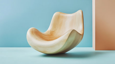 This image features a stylish rocking chair made from wood, showcasing a unique curved design against a soft pastel background, perfect for modern interiors.の素材