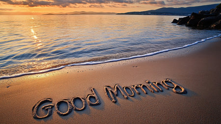 A beautiful view of the beach at sunrise, featuring the phrase "Good Morning" written in the sand. Gentle waves kiss the shore, creating a peaceful atmosphere.の素材