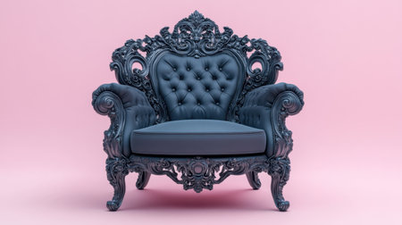 This stunning vintage armchair features intricate carvings and plush upholstery against a soft pink background, perfect for elegant interiors.の素材