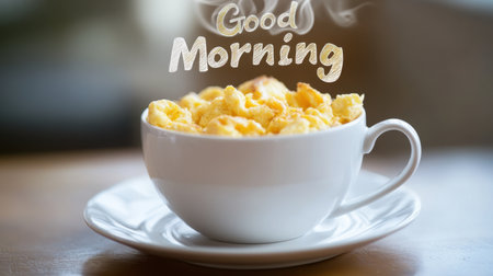 A delightful image featuring a white cup filled with fluffy scrambled eggs, accompanied by a cozy morning greeting. Perfect for breakfast designs.の素材