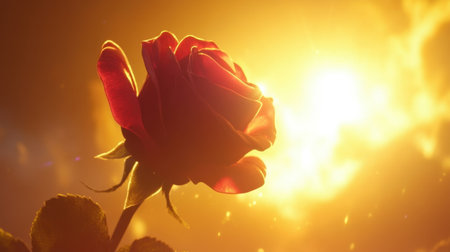 A stunning red rose elegantly silhouetted against a warm golden glow, capturing the essence of love and beauty in nature's magnificent light.の素材