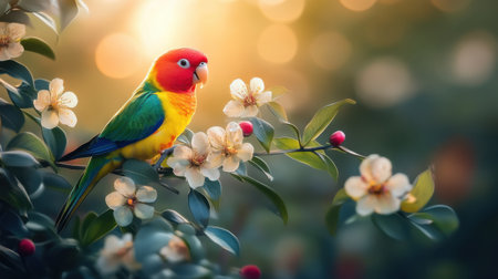 A vivid parrot sits gracefully on a flowering branch. The enchanting scene features soft golden bokeh and delicate petals, evoking a sense of tranquility in nature.の素材