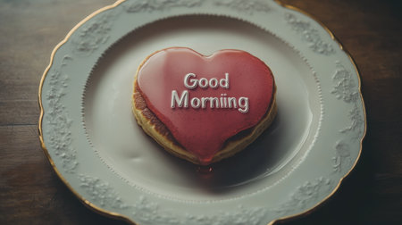 A delightful heart-shaped pancake topped with a vibrant red glaze and the words "Good Morning," beautifully presented on an elegant plate.の素材