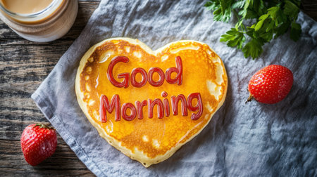 A charming heart-shaped pancake with a cheerful "Good Morning" message is beautifully presented alongside ripe strawberries and fresh parsley on a rustic table.の素材