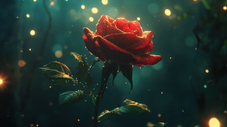 A breathtaking close-up of a red rose adorned with dew drops, set against a dreamy background of glowing bokeh lights, creating a magical atmosphere.の素材