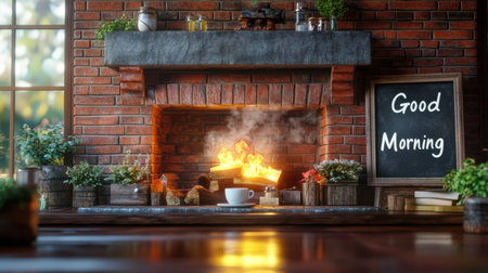 A tranquil morning scene featuring a cozy fireplace with glowing flames, a decorative chalkboard sign saying "Good Morning," and beautiful flowers adding a touch of nature.の素材