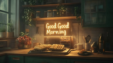A warm kitchen scene featuring freshly made waffles on a wooden table, complemented by a cheerful "Good Good Morning" neon sign, inviting a delightful start to the day.の素材