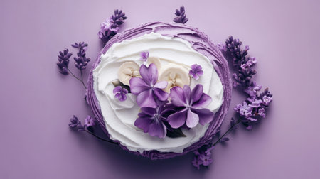 A beautifully designed purple floral cake adorned with fresh flowers and lavender, set against a soft pastel background, perfect for any celebration.の素材