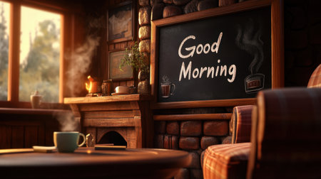 A cozy morning scene featuring a warm interior of a rustic cabin, showcasing a chalkboard with the greeting "Good Morning," complemented by a steaming cup.の素材