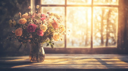 A stunning bouquet of mixed roses in a glass vase sits on a rustic wooden table, illuminated by soft sunlight filtering through a window, creating an inviting atmosphere.の素材