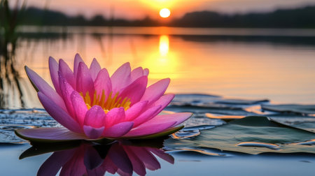 Beautiful pink water lily floats gracefully on a calm lake during sunset, showcasing vibrant colors and a serene atmosphere perfect for relaxation.の素材