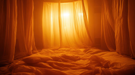 A tranquil bedroom bathed in warm light from the emerging sun, adorned with soft fabrics and gentle drapery, inviting relaxation and peacefulness.の素材