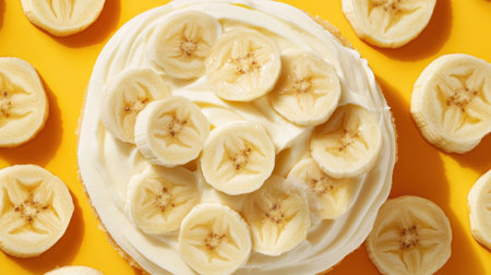 A vibrant top-view image of a delectable banana cream pie, featuring fresh banana slices and creamy whipped topping, perfect for dessert lovers.の素材