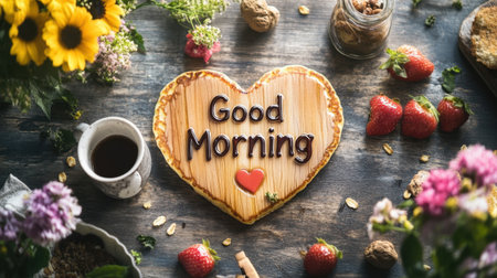 A beautifully arranged heart-shaped breakfast treat with "Good Morning" message, surrounded by vibrant flowers, fresh strawberries, and a cup of coffee, perfect for inspiring morning joy.の素材