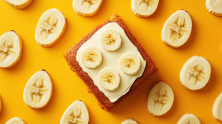 A vibrant display of a banana dessert topped with cream, surrounded by fresh banana slices, creating an appealing food photograph perfect for any culinary project.の素材