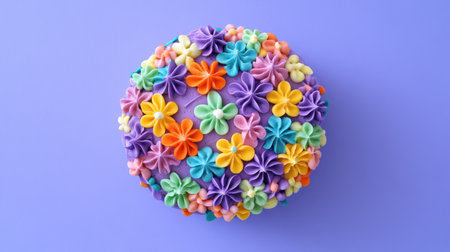 A beautiful round cake adorned with a variety of colorful buttercream flowers, set against a vibrant purple background, ideal for any celebration or gathering.の素材