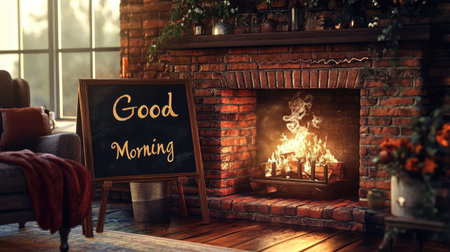 A warm and inviting indoor scene featuring a glowing fireplace and a chalkboard sign saying "Good Morning." The rustic brick wall and cozy decor create a relaxed atmosphere perfect for early mornings or quiet evenings.の素材