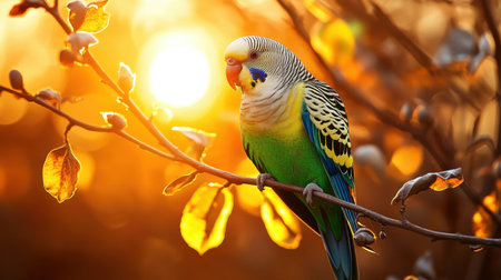 A striking budgerigar perches gracefully on a branch, surrounded by warm sunset light. The vibrant plumage and gentle glow create a serene atmosphere in nature.の素材