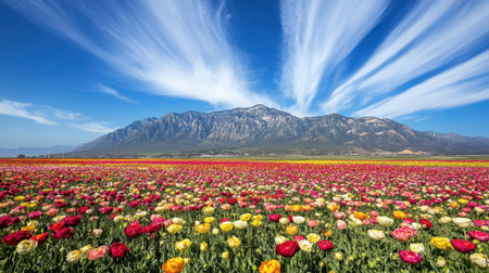 A stunning panorama of a vibrant tulip field in bloom, set against a majestic mountain backdrop and a bright blue sky with dramatic clouds.の素材