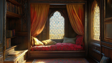 This enchanting reading nook features a richly decorated room with warm sunlight filtering through ornate windows, creating a tranquil and inviting atmosphere.の素材