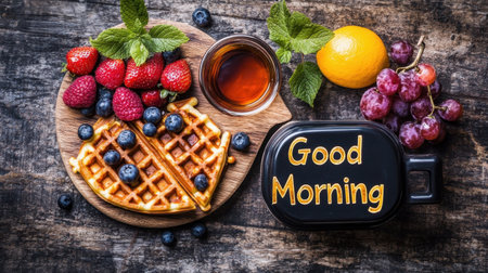 Enjoy a beautiful breakfast spread featuring golden waffles, fresh berries, and honey on a rustic wooden table, perfect for a cozy morning.の素材