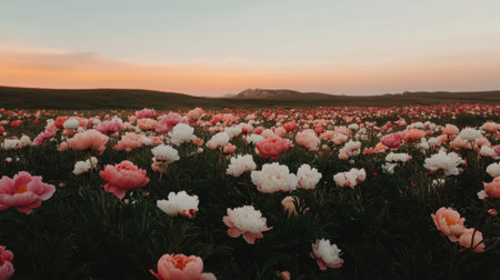A breathtaking scene showcasing a vast field filled with blooming peonies under a stunning sunset sky, radiating soft pastel colors that evoke tranquility.の素材