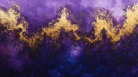 This stunning abstract background features a blend of rich purple hues and shimmering gold swirls. Perfect for artistic designs and creative projects.の素材