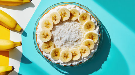 This vibrant image showcases a delicious banana cream pie, adorned with fresh banana slices and luscious whipped cream, perfect for dessert lovers.の素材