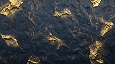 This image features a rich textured background of crumpled black paper accented with gold details, ideal for artistic designs and creative projects.の素材
