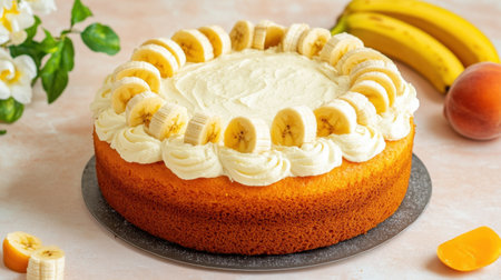 A delightful banana cream cake featuring a fluffy sponge base topped with rich whipped cream and fresh banana slices, perfect for any dessert lover.の素材