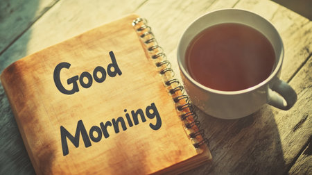 A warm cup of coffee next to an open notebook featuring a "Good Morning" greeting, inviting a cozy and peaceful start to the day.の素材