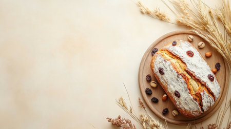 A beautifully arranged rustic bread on a wooden plate surrounded by an assortment of nuts and dried fruits, with elegant wheat sprigs for decoration.の素材