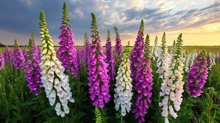 A stunning display of foxglove flowers showcasing various shades of purple and white against a dramatic sunset sky, embodying natural beauty.の素材