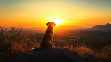 A serene scene captures a dog sitting on a rock, gazing at a breathtaking sunset over a scenic landscape, highlighting tranquility and companionship.の素材