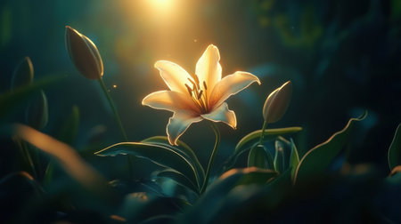 A stunning close-up of a white lily blooming in soft, golden light, surrounded by lush green foliage, creating a serene and peaceful nature scene.の素材