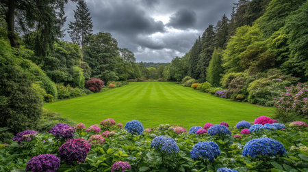 A picturesque garden scene showcasing a lush green lawn lined with colorful hydrangea flowers under a dramatic, cloudy sky. The tranquil atmosphere invites reflection and appreciation of nature's beauty.の素材