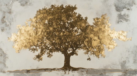 This stunning artwork features a majestic golden tree silhouette, capturing the essence of nature's beauty and strength, perfect for home decor.の素材