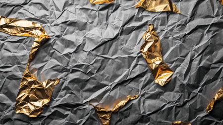 This image features a crumpled black paper background adorned with shiny metallic gold foil accents, creating a striking contrast that enhances design projects.の素材