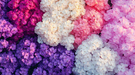 A stunning display of vibrant flowers showcases a rich blend of pink, purple, and white blossoms, creating an enchanting visual experience.の素材