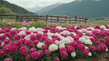 A stunning display of pink and white flowers covers the field, set against majestic mountains and a rustic wooden fence, capturing serene beauty in nature.の素材