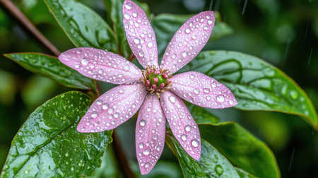 A stunning close-up of a pink flower adorned with water droplets, surrounded by lush green leaves, captured in a serene natural setting after rainfall.の素材