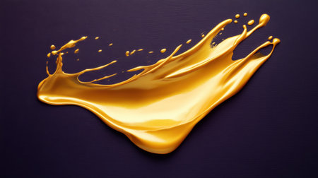 This stunning image features a vibrant splash of golden liquid against a deep purple background, creating a visually striking and artistic scene. Ideal for design.の素材