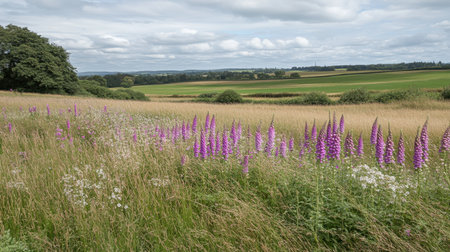 This captivating landscape features vibrant purple flowers amidst lush green fields under a dynamic cloudy sky, creating a serene atmosphere.の素材